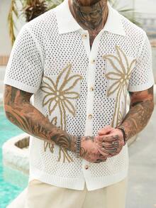 VENTUSAIL Men's Plus Size Vacation Casual Coconut Tree Hollow Knit Top - White - View 7