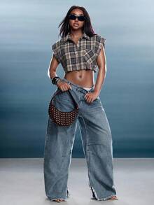 Denimoi Boxy Crop Top Plaid Collared With Raw Edges Fashionable Streetwear Grunge Everyday Daytime Grey Plaid Summer Going Out - Grey - View 3