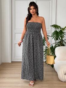 SHEIN EZwear 大尺碼女款碎花抓皺平口寬腿連身褲，度假風 - 彩色 - 查看 5