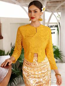 EastFlair Women's Lace Long Sleeve Top And Floral Pattern Skirt Elegant Two Pieces Set Wedding Mother Of The Bride Christening Yellow Summer - Multicolor - View 6