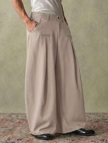 SWAVVY Men's Solid Color Pleated Wide Leg Loose Casual Pants - Khaki - View 5