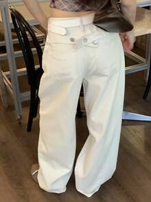 DAZY 女款純色寬鬆弧形腿休閒街頭風春秋長褲牛仔褲 - 杏色 - 查看 4
