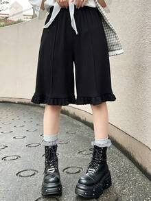 FRIFUL Women's Casual Textured Ruffle HemBermuda Shorts Summer - Black - View 7