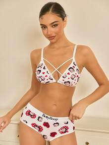 Betty Boop x SHEIN Bra Wanita Motif Kartun dengan Desain Silang dan Penutup Depan - Putih - View 5