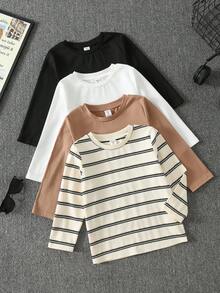 SHEIN 4件/套 男童女童休閒學院風純色百搭拼接條紋圓領長袖T恤多件套，舒適百搭，適合外出、居家、春夏季秋冬、校園聚會、假期、聖誕節 - 彩色 - 查看 1