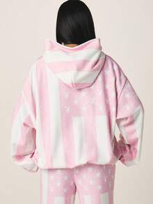 Missguided x Playboy Oversized Street Wear Y2k Hoodie With Star Print All Over Pattern Drawstring Hood And Centre Pocket Casual Comfort Wear Independence Day Travel Pink - Multicolor - View 2