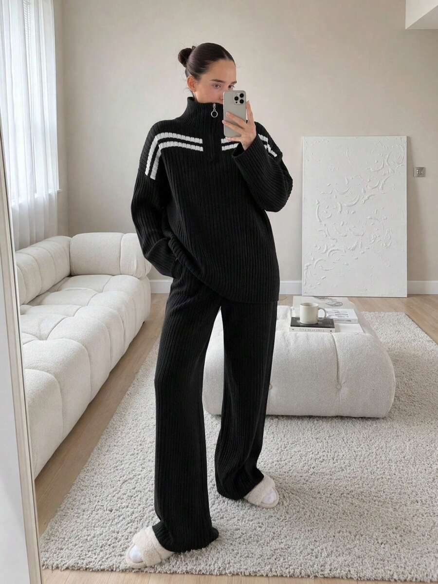 SHEIN Solid Ribbed Knit Contrast Stripe Quarter Zip Top & Wide Leg Pants Two Pieces Set - Black - View 1