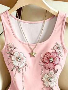 SHEIN Franclia 女款新款U領無袖花卉拼接印花杏色修身百搭連身衣 - 粉色 - 查看 3