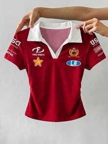 Attitoon 女款休閒復古 Polo 領修身 T-shirt，Y2K 風格，復古夏季服飾，街頭風，適合日常通勤、約會、派對、秋冬/夏季、婚禮、海灘、畢業典禮，優雅休閒，適合出遊、音樂節穿搭、度假服飾、賽車風 - 彩色 - 查看 6