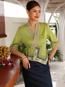 EastFlair Atasan Wanita untuk Liburan, Motif Renda, Patchwork, Hem Asimetris, Ikat Depan, Tyrande, Gaun Makan Malam Musim Panas, Warna Hijau Elegan - Hijau - View 7