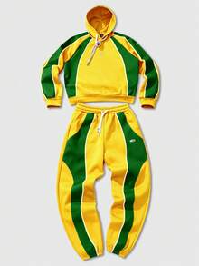 ROMWE MEN Prep 男士連帽衛衣套裝，秋冬日常街頭風，美式英文印花拼接連帽衛衣套裝，中性款 - 黃色 - 查看 6