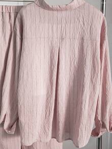 SHEIN 青少年女孩休閒條紋襯衫與長褲套裝 - 粉色 - 查看 6