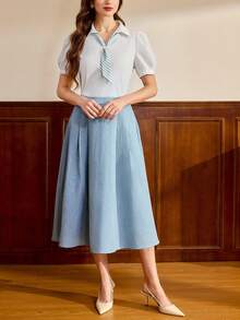 Vintamour Vintage Preppy Klassisch Elegant Damen 2-teiliges Set Frühling Sommer Bluse Rock Gürtel Blau und Weiß gestreift Aqua Schulanfang Büro Outfits für Frauen - Blau - Übersicht 6