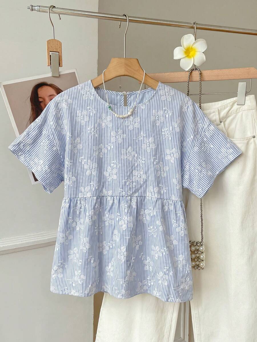 Tseoso 藍色條紋花卉刺繡梭織女款襯衫 - 彩色 - 查看 1