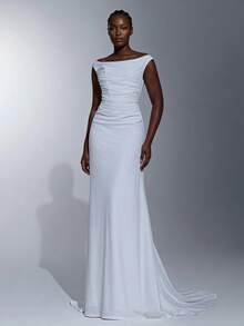 Elitara Plus Size Elegant Classy Formal Dinner Deep U-Neck Ruffled Corset Bodice Mermaid Hem Wedding Party Evening Dress Gown Long White Autumn - White - View 8
