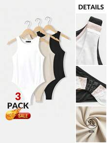 SHEIN BASICS 3件組女款圓領無袖修身純色針織連身衣 夏季套裝 辦公休閒居家服 簡約端莊 白色 米色 黑色 基礎款 - 彩色 - 查看 9