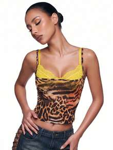 SHEIN ICON Women's Leopard Print Sheer Camisole, Paired With Black Lace Spaghetti Strap Top,Summer Top - Multicolor - View 4