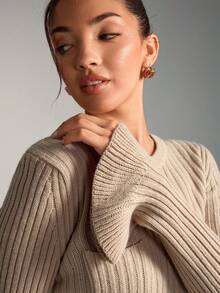 SHEIN WOMEN'S WEAR Rib-Knit Long Sleeve Top Features A Round Neckline Front Button Placket Ruffle Cuffs Everyday Beige Autumn Casual Sexy Going Out - Beige - View 5
