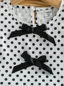 SHEIN Elladie kids 少女新款清新田園風細緻波點兩件套 粉色蝴蝶結裝飾無袖背心 + 粉色紋理布料寬腿長褲 甜美可愛時尚休閒夏季穿搭 - 黑與白 - 查看 6