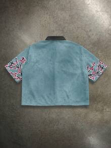 Manfinity ZONE917 Boxy Cropped Streetwear Distressed Faux-Snow Embroidery Cherry Blossom Pattern R-Logo All-Over Print Blue-Green Short Sleeve Shirt - Multicolor - View 6