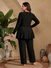 Swim Mulvari 2026 Spring/Summer Hot-Selling New Solid Color Middle Eastern Style 2-Piece Swimsuit Set With Detachable Chest Pads, Sun Protection Long Sleeve, Unique Front Shoulder Ruched Design, Flattering Slimming Side Ruched Swim Skirt, Wide Leg Long Pants, Casual Fashion Vacation Beach Swimwear - Black - View 2