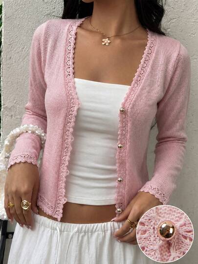 SHEIN PariChic Áo cardigan len nữ dáng ôm tay dài cổ V cài nút trước, viền ren sò kiểu Coquette, mùa xuân thu mới