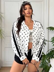 SHEIN EZwear Polka Dot Casual Women Plus Size Long Sleeve Loose Fit Jacket Fall - Black and White - View 6
