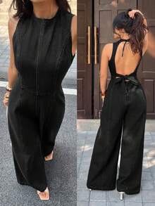 SHEIN PETITE 女款露背休閒日常牛仔連身褲 - 黑色 - 查看 1