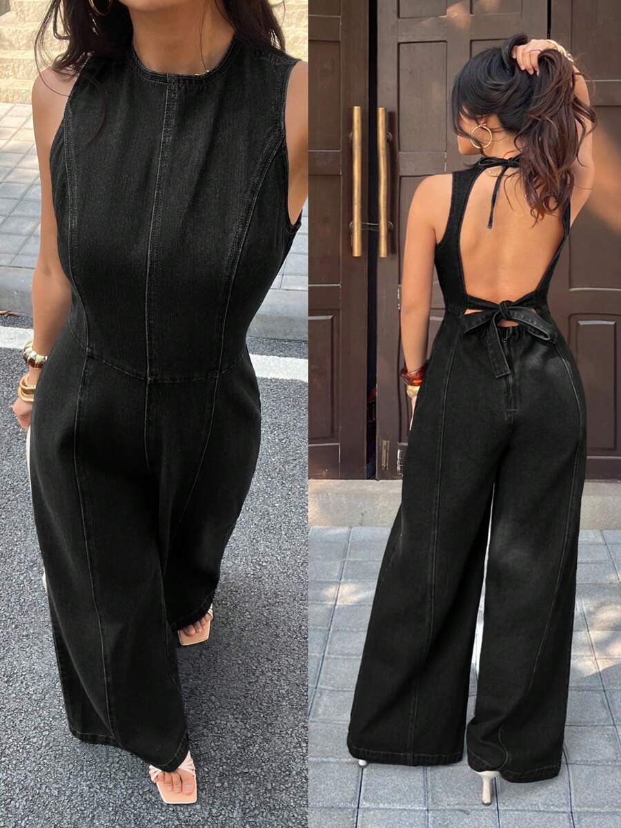 SHEIN PETITE 女款露背休閒日常牛仔連身褲 - 黑色 - 查看 1