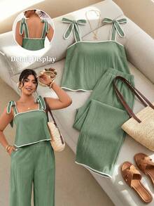 Lounesse Plus Size Women Shoulder Tie Design Camisole And Pants Set, Fashionable Commuter Outfit - Green - View 8