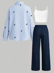SHEIN 3件套黃色長袖條紋數位印花襯衫、黑色長褲、細肩帶背心，適合春夏出遊 - 藍色 - 查看 4