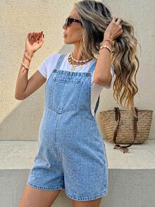 SHEIN Maternity Casual Denim Overall Shorts With Pocket Design - Medium Wash - View 1
