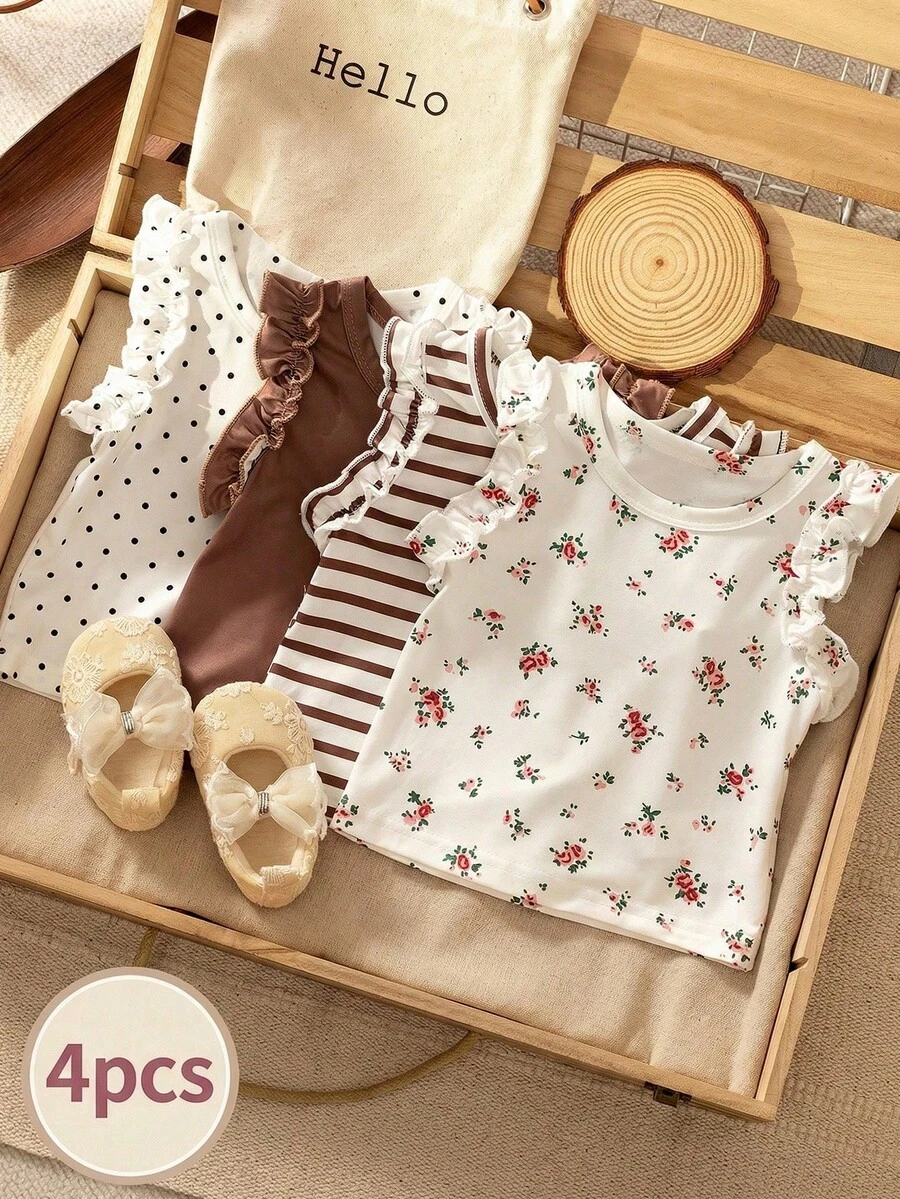 SHEIN Vintaside Kids 3件組女嬰夏季新款簡約百搭甜美可愛舒適親膚彈性嬰兒休閒外出上衣,粉色、杏色素色與條紋荷葉袖背心上衣,適合外出、度假、旅行及日常穿著 - 棕色 - 查看 1