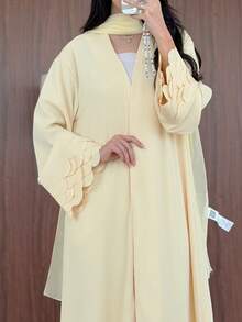 Yasmeen Edit Yasmeen Edit Spring/Summer Elegant Yellow Collarless Long Robe With Heavy Scalloped Cuffs And Chiffon Headscarf - Yellow - View 6