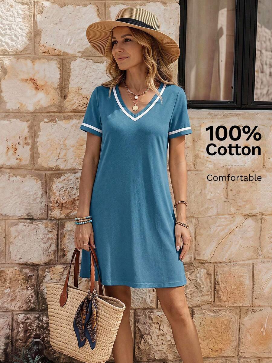 EMERY ROSE Đầm dệt kim màu đen cổ chữ V phối ruy băng tương phản, thời trang thường ngày. - Màu xanh lam - Xem 1