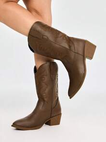 ROMWE Fairycore Women's Black Western Boots, Pointed V-Cut Thick Heel Embroidered Boots, Low Heel Clogs, Zip Knight Boots And Ankle Boots Spring Shoes - 紅棕+紅蝴蝶 - 查看 3