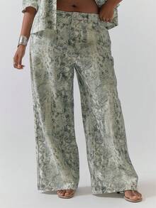 MUSERA 大尺碼女款蛇紋寬腿牛仔褲，休閒派對冬季長褲 - 彩色 - 查看 2
