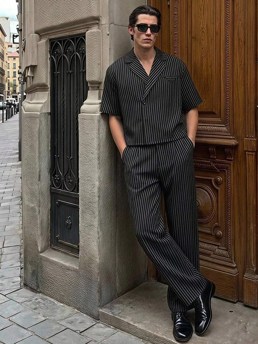 AXEPEAK Men's Striped Shirt And Long Pants Set - Black - View 1