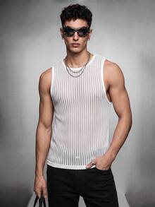Zorclune Hochwertige, minimalistische und bequeme Herren Jacquard Gestreiftes Ärmellos Tank Top, geeignet für lässig, Büro, Dates, Partys, formelle oder informelle Anlässe, vielseitiges Design, ideal zum Selbsttragen oder als Geschenk Mesh Tank Top Herren Herren Häkel Top Strick Tank Top Herren Herren Mesh Top, Urlaub - Weiss - Übersicht 4