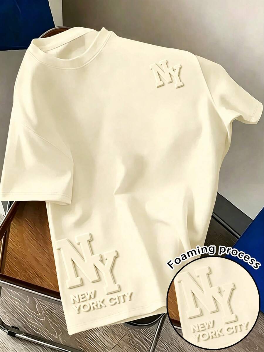 Resyla 男士泡泡印花T恤 - 紐約市風格,舒適,圓領,時尚面料,吸睛泡泡設計,夏季T恤,適合戶外活動,完美適配日常穿著或城市活動 - 卡其色 - 查看 1