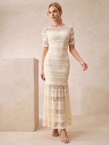 Anewsta Women's Elegant Romantic Lace Hollow Out Bodycon Dress Wedding Formal Office Off-White Summer - Apricot - View 6