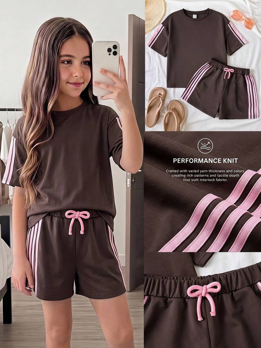 SHEIN Tween Girl Girls Casual Oversized Pink Tape Solid Brown Knit Top Shorts 2pcs Set Outfit - Brown - View 1