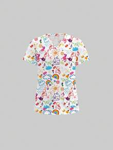 TaskEZ Conjunto de top de manga corta y pantalones de uniforme médico, con estampado de graffiti lindo, adecuado para hospital de mascotas - Multicolor - Ver 3