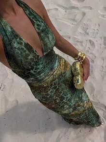 Aloruh Women's Vacation Mixed Material Patchwork Fitted Ruched Mini Dress Beach Vacation Green Leopard Print Summer Sexy Tropical - Multicolor - View 3