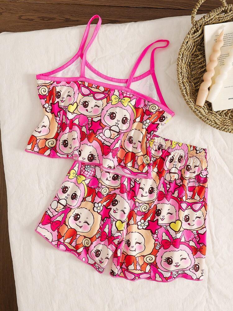 SHEIN Girls' Simple Cute Sweet Casual Cartoon All-Over Print Doll Camisole Top And Shorts Soft Comfortable Pajamas Loungewear 2 Pieces Set - Multicolor - View 2