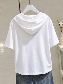 EMERY ROSE Sudadera con capucha premium versátil de manga corta con media botonadura para mujer de talla grande, color liso - Blanco - Ver 2