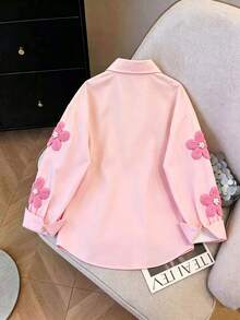 SHEIN 女童花卉印花襯衫，秋季外套，冬季穿搭，返校季，復古 Boss Baby 風格，舒適，度假生日，嬰兒粉 - 粉色 - 查看 2