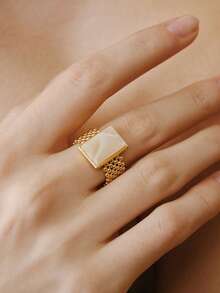 Opalesca Beberapa Cincin Minimalis Geometris Berlapis Emas 18k dengan Hiasan Zirkonium Linier - Yellow Gold - View 1