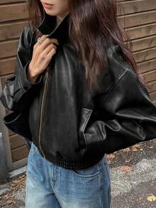 DAZY Women's PU Material Pocket Long Sleeve Fashion Versatile Jacket ,Petite Women School - Black - View 3