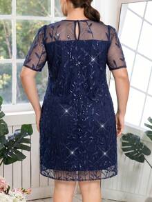 Reflora Plus Size Elegant Party Sequin Embroidered Mesh Dress - Navy Blue - View 2